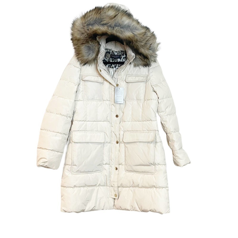 New Laundry by Shelli Segal Faux-Fur-Trim Hooded Puffer Coat White Size L